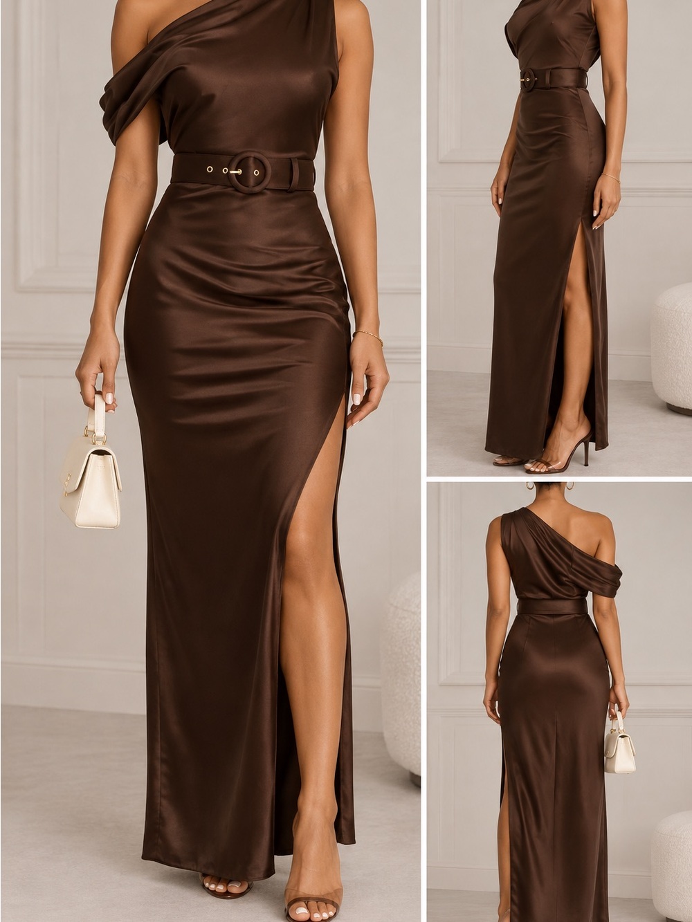 NICHOLAS One-Shoulder Chocolate Brown Satin Maxi Dress